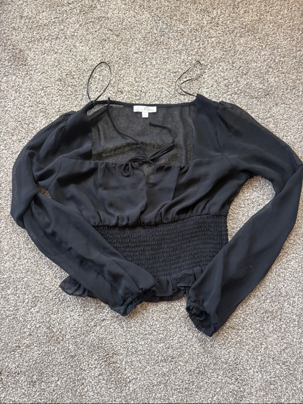 Black Smocked Waist Long-Sleeve Women's Top